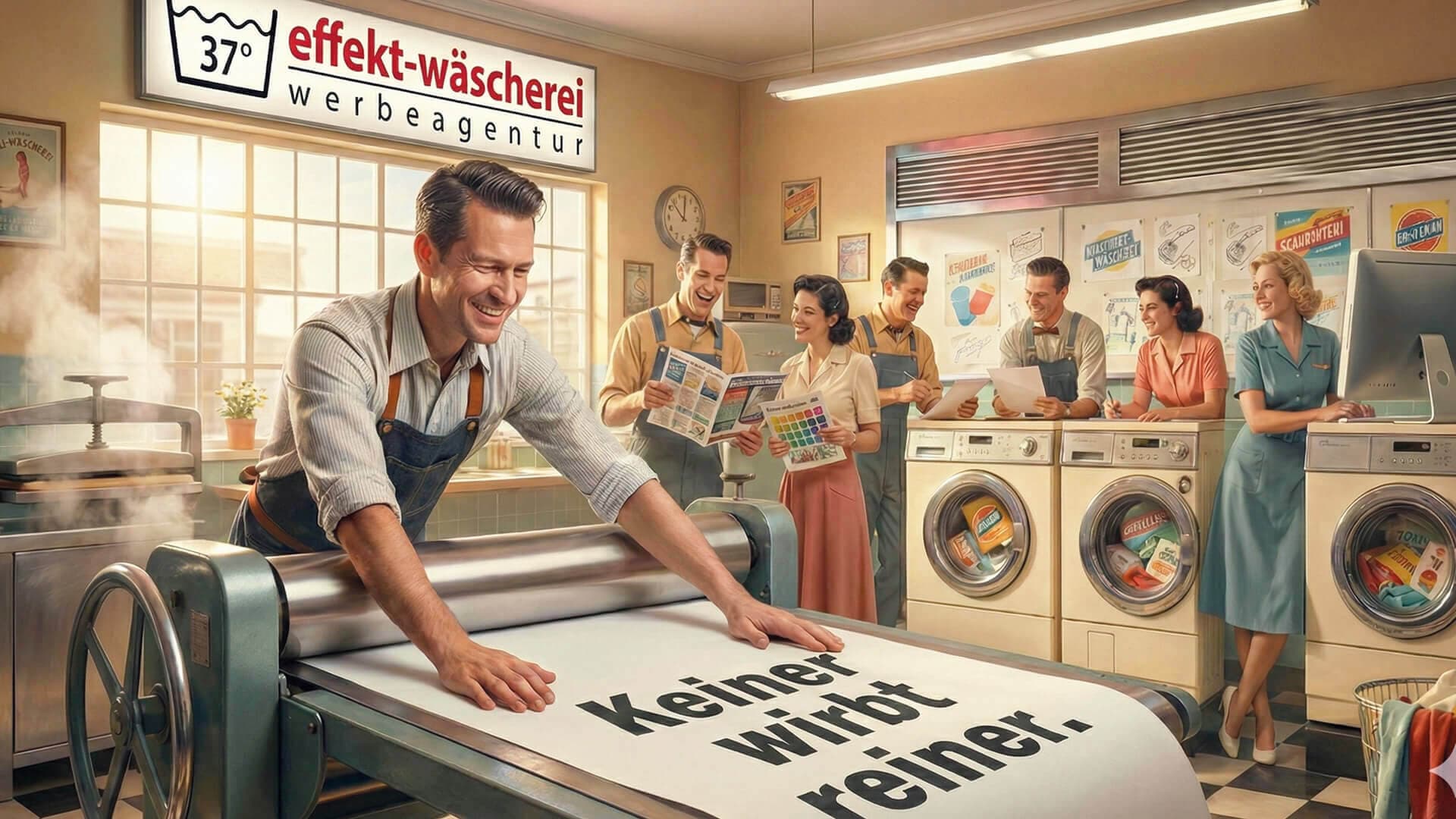 Ein Mann steht an einer Mangel. Im Hintergrund Leute, die sich fröhlich unterhalten.