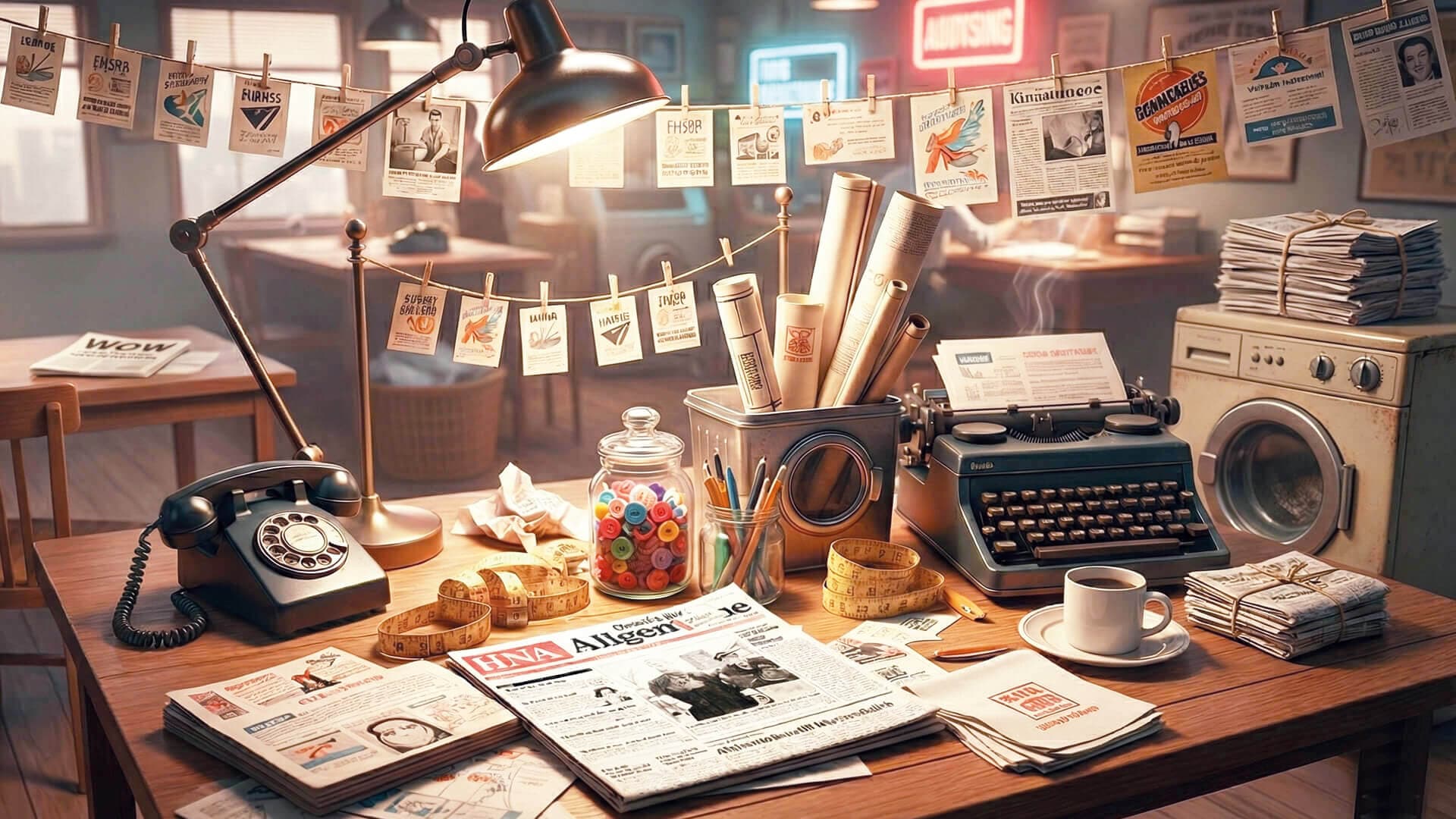 Ein Schreibtisch mit vielen Gegenständen: einem Telefon, einer Schreibmaschine, einer Zeitung und einer Schreibtischlampe.